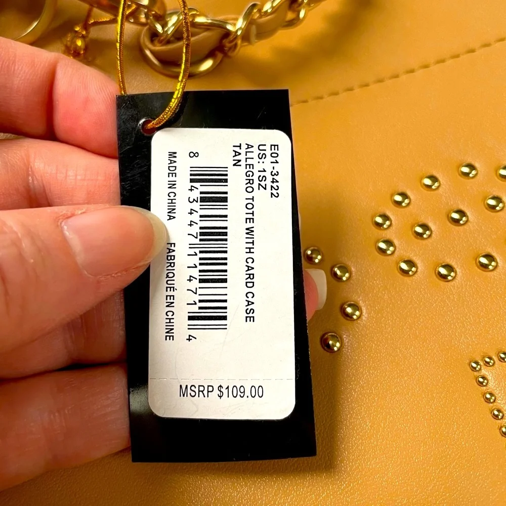 Bebe tan tote with beaded branding and card case